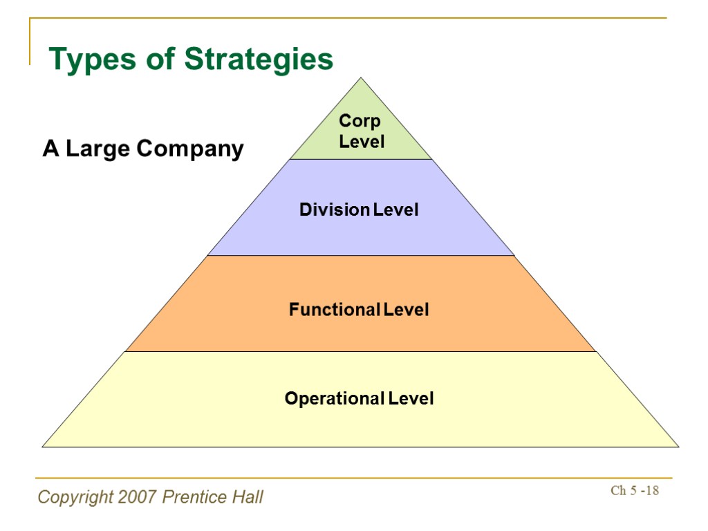 Copyright 2007 Prentice Hall Ch 5 -18 Types of Strategies Operational Level Functional Level